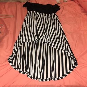 Black and white stripe strapless high low dress